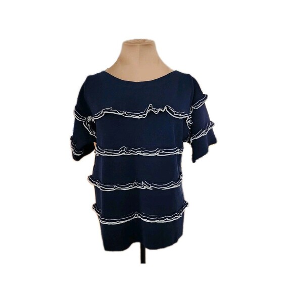 J.Crew Women’s XS Navy Blue Ruffle Trim Knit Top 100% Cotton Summer‎ 2017 - Picture 1 of 7